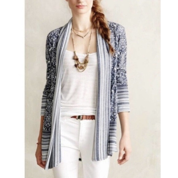 One September Anthropologie Cardigan Sweater Size M Blue White Open Front Duster - Picture 1 of 7